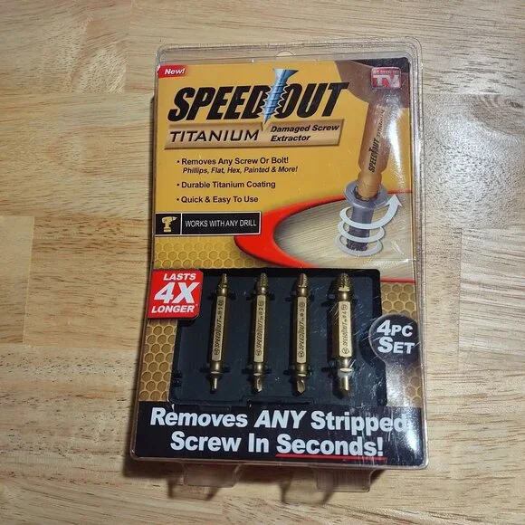 SpeedOut Titanium Damaged Screw Extractor 4-Piece Set  Works With Any Drill-NEW