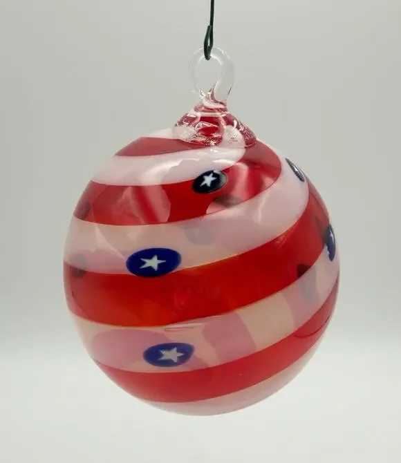 Glass Eye Studio Blown Glass Patriotic Ornament 4” Red White Blue Stars & Stripe