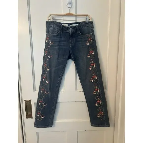Pilcro Floral Embroidered Beaded Hyphen Straight Leg Jeans Womens Size 28 Blue