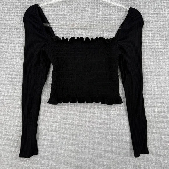 Reformation Smocked Long Top Women Sz M Black Ribbed Coquette Milkmaid‎ Goth