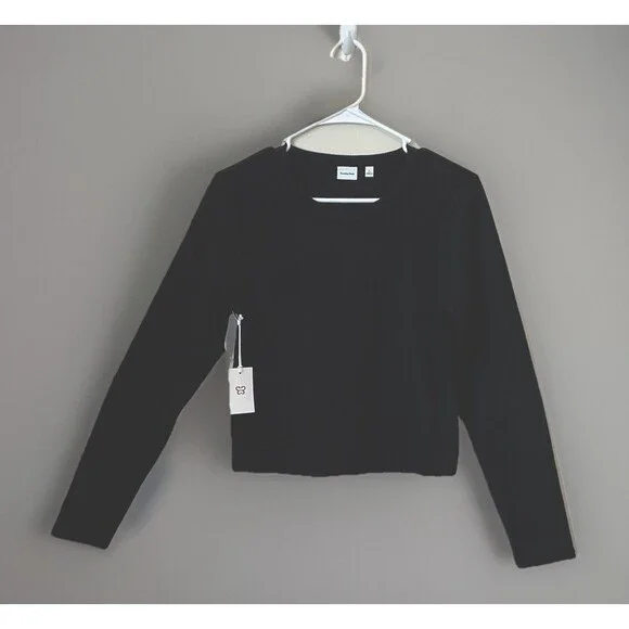 Aritzia Sunday Best Black Cropped Long Sleeve Large Round Neck Top NWT lagenlook