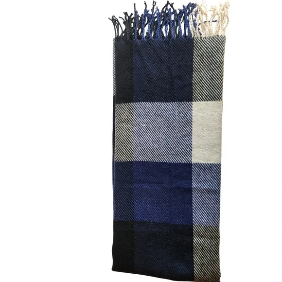 BANANA‎ REPUBLIC Scarf Black Blue White Cream Plaid Colorblock fringe 82x24