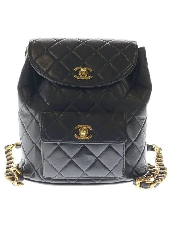 Chanel Quilted Backpack Lambskin Gold Black Seal
