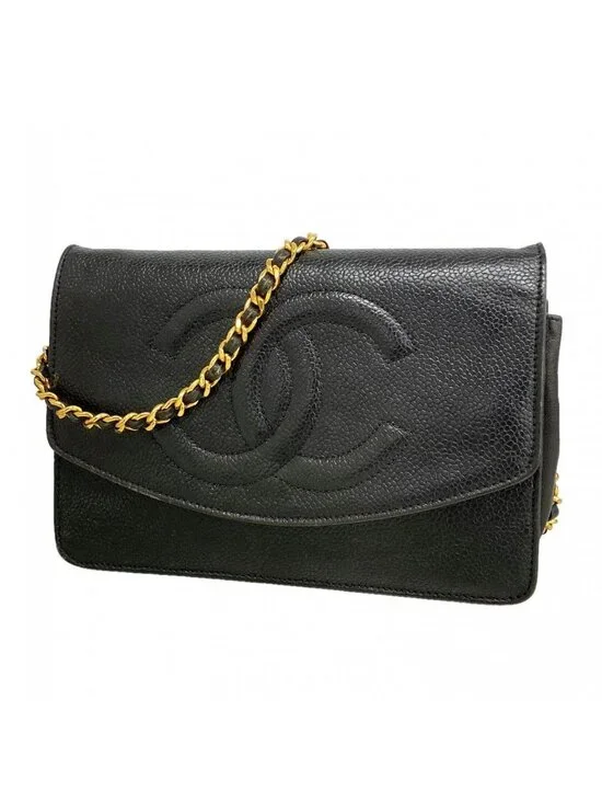 Chanel Shoulder Wallet Caviar Leather Black Gold