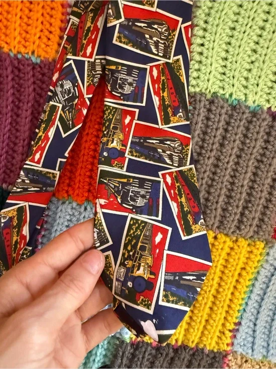 Vintage trains silk Navy Tie with Red, Yellow, Green and Cream Postcard Motif