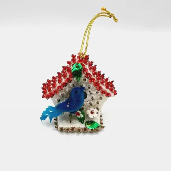 Vintage Push Pin Bird House Christmas Ornament Sequin Bluebird Handmade 2.5