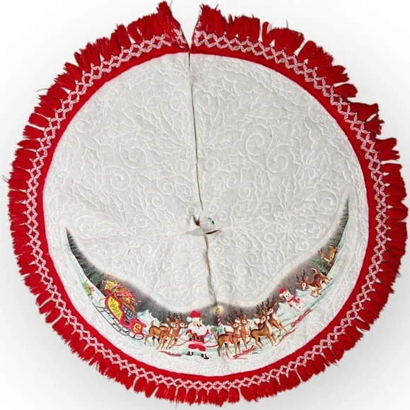 Vtg Santa North Pole Reindeer Sleigh Fringe Edge‎ Christmas Tree Felt Skirt 40