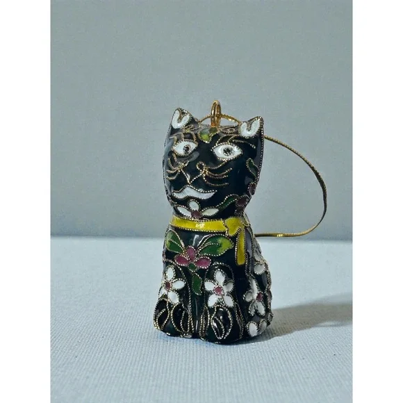 Vintage Cloisonne Enamel Cat Ornament Black Floral Gold Wire Filigree‎ Figurine