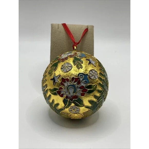 Cloisonne Gold Christmas Tree Ornament with Red Ribbon - Excellent Condition