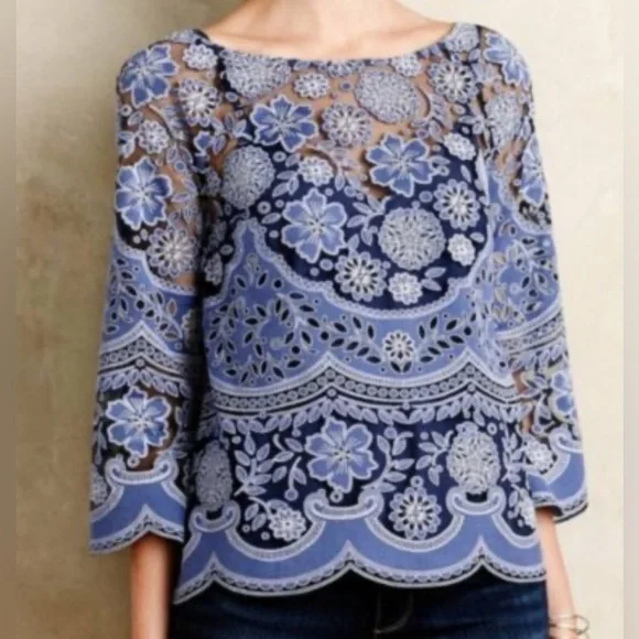 Anthropologie HD In Paris Montmartre Blue Lace Overlay Blouse Top