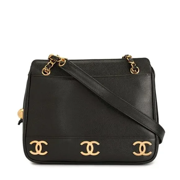 Authentic Chanel Triple CC Black/Gold Caviar Leather Chanel Shoulder Bag.