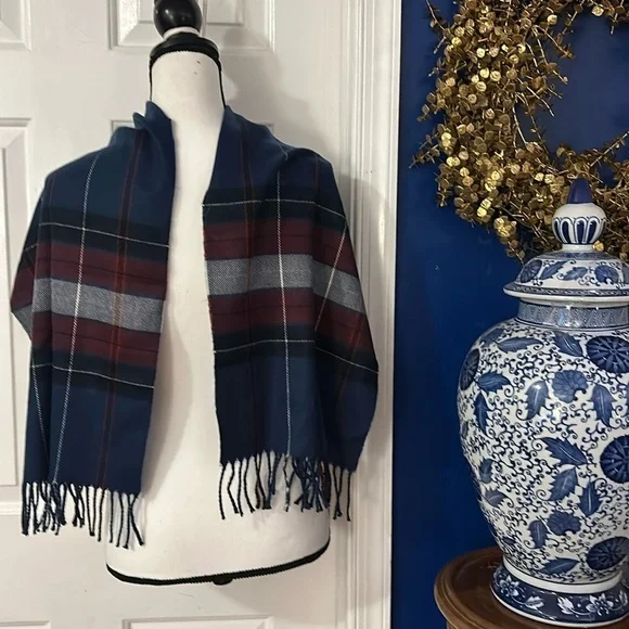 Men’s Super Cashmore Navy, Red & White Plaid Fringe Super Soft Winter Scarf