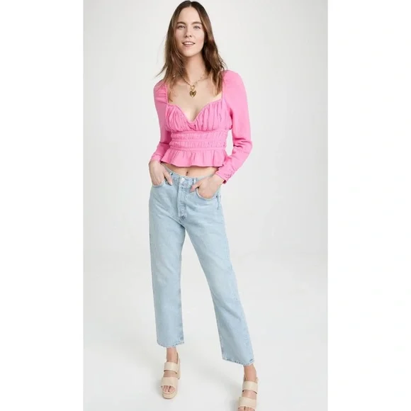 Free People Women’s Top Chloe Aurora Pink Smoked‎ Tie Back Size M Long Sleeve