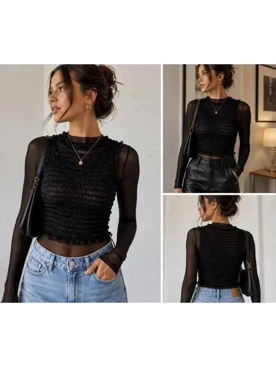 Zara Black Ruched Sheer Long Sleeve Top