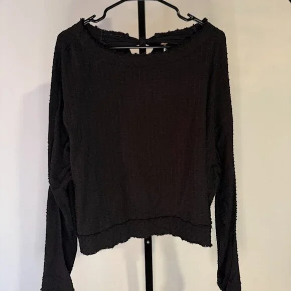 Free People Black Textured Long Sleeve Blouse