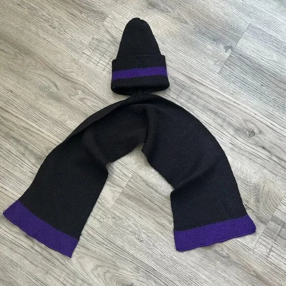 Joseph Tricot Black Tight Knit Scarf & Beanie Set Purple Trim Unisex Winter Warm