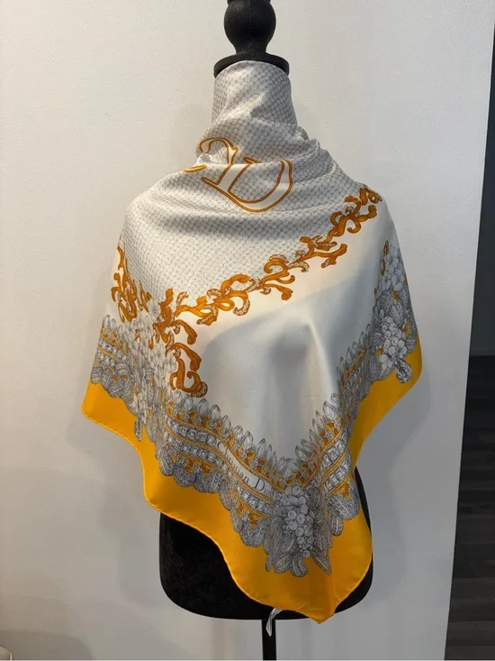 Christian Dior Silk Scarf Carré 90 Yellow White Multicolor Hand Rolled Italy