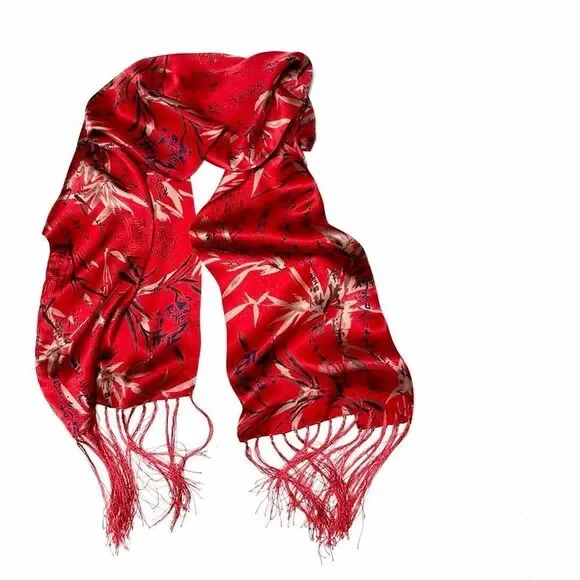 Men's Red Doubled Silk Scarf Hieroglyphs and Floral Bamboo Design Fringed