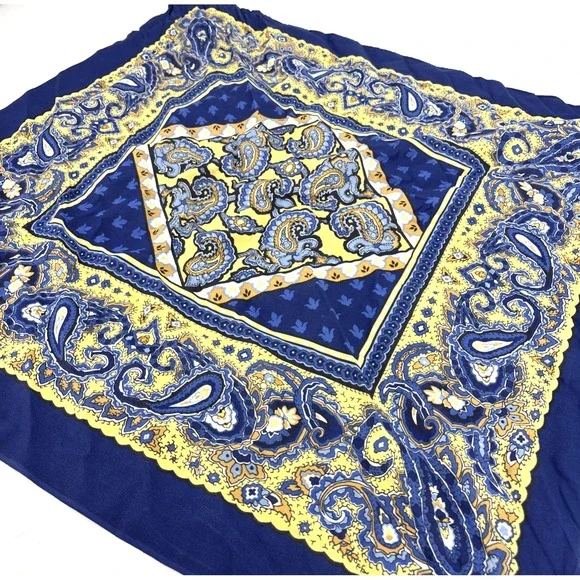 Vintage Bandana Paisley Western Handkerchief Blue Yellow Cotton 30