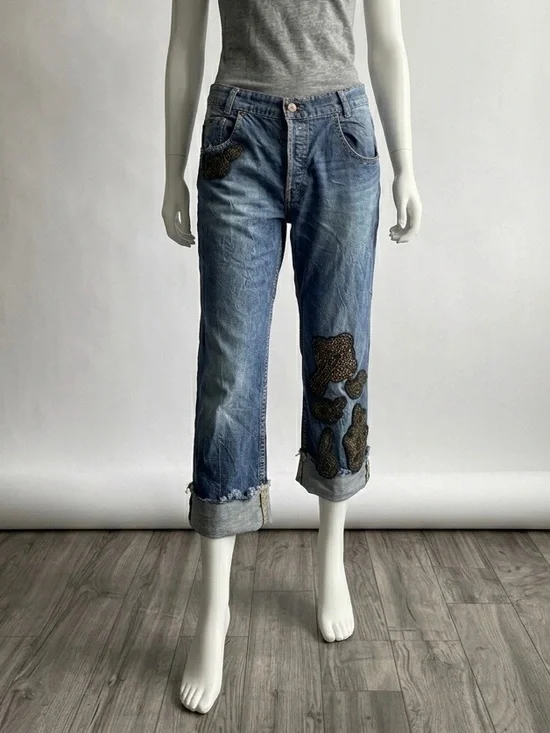 Animale Brazil Beaded Cropped Jeans Women Size 42 Blue Designer Denim.100%Cotton