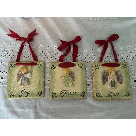 Christmas‎ Angel Wall PLAQUES 3D Love Peace Joy 4x4 Ribbon For Hanging