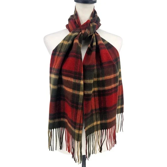 Club Room Cashmere Tartan Plaid Scarf Orange Green Tan Fringe Unisex Classic‎
