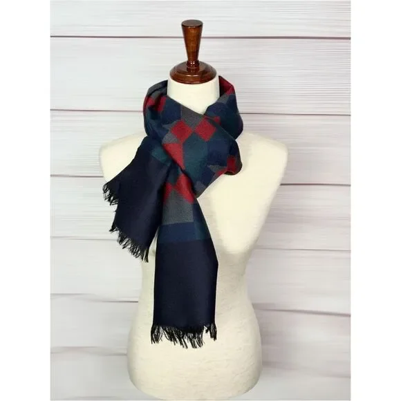 Vintage Wool Long Scarf Geometric Red Blue West Germany Men's Women's Winter