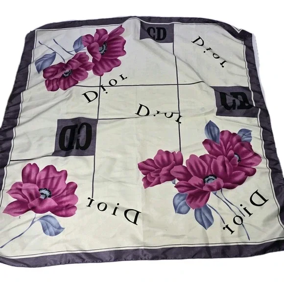 Vintage‎ Dior Silk Scarf - Neck Wrap Fuchsia and Blue Floral FU GUI HUA