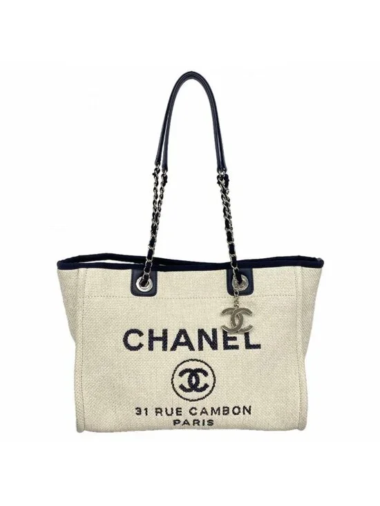Chanel Chain Tote Deauville Straw Ivory Navy Silver