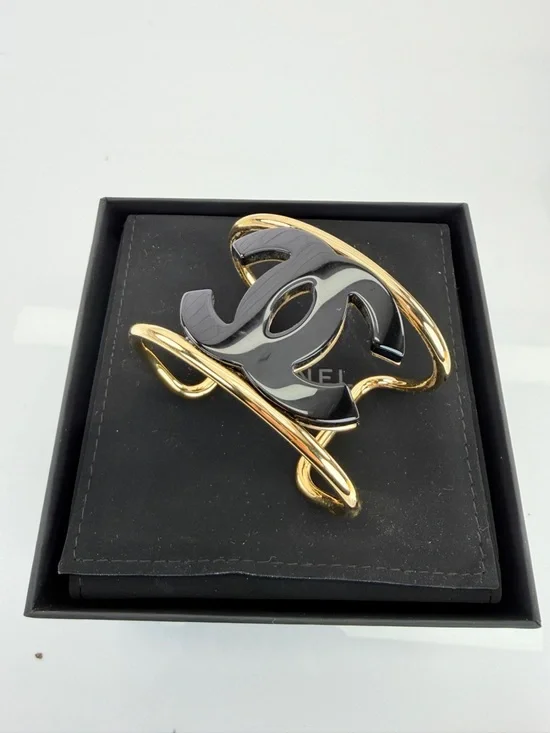 CHANEL Cuff Coco Mark Black and Gold Double C Logo Cuff Bracelet