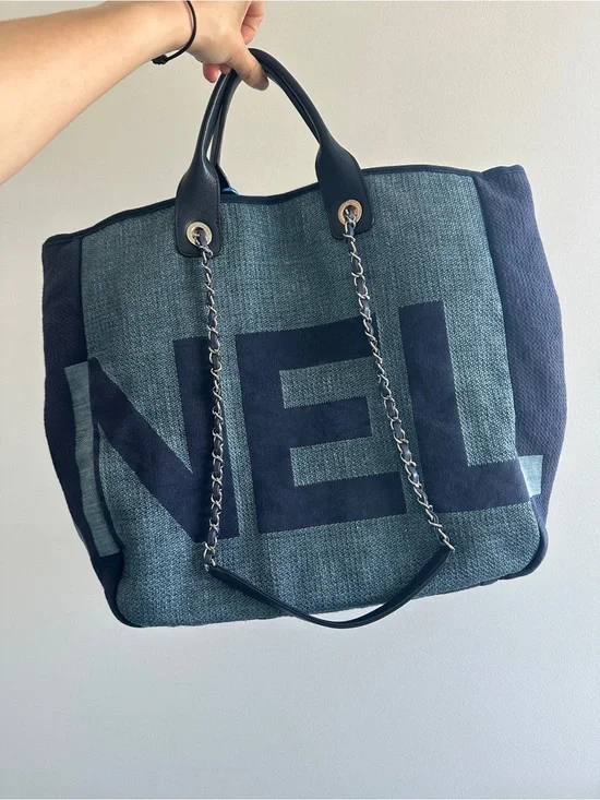 CHANEL Large Denim Tote Bag with silver hardware