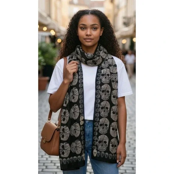 Women Scarf Skull Shawl Soft Long Elegant Classical Sheer Black Beaded Halloween