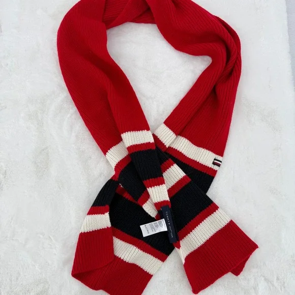 Tommy‎ Hilfiger Scarf Unisex OS Red Striped Ribbed Knit Winter Accessory