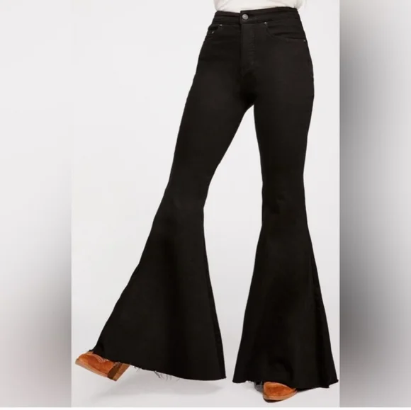 Free People Crvy Ultra High Waist Flare Black Jeans Boho Hippie Raw Hem Lace Up