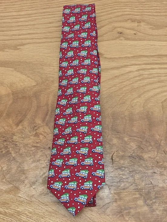 Vineyard Vines Silk Kids Red Tie with Festive Truck Print 48 Inches