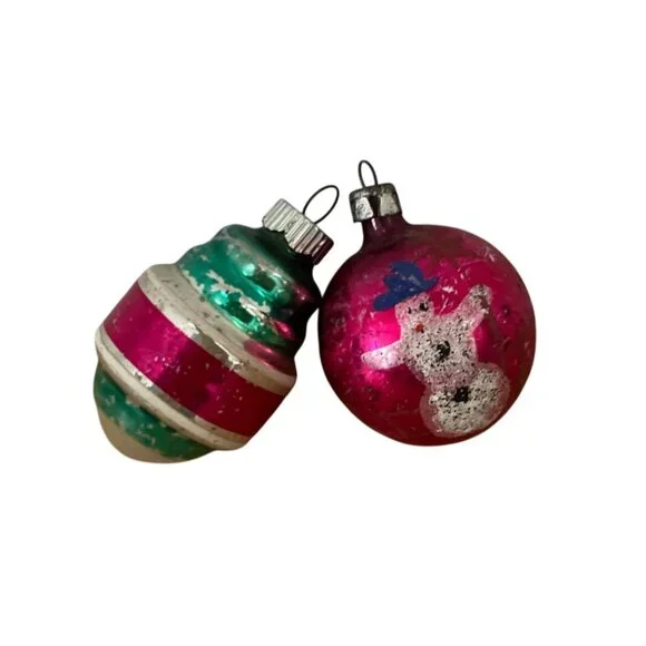 Vtg Shiny Brite Glass Christmas Ornaments Set Of 2 w Snowman And Striped Designs