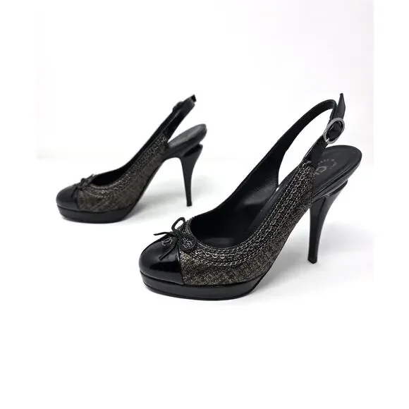 Chanel Slingback Platform Vintage Heels Cap Toe CC Logo Bow Chain Black 36.5 6