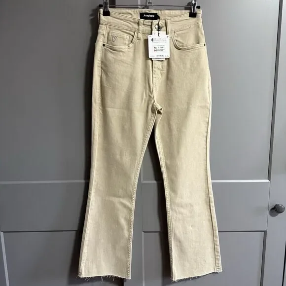 NWT Desigual Women Flare Cropped Ankle Jeans Khaki Beige 36 (US 2) Clean Girl