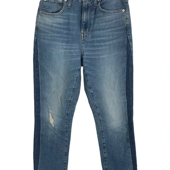 Madewell Denim Blue High Rise Slim BoyJean Raebrook‎ Wash Distressed Jeans Sz 25