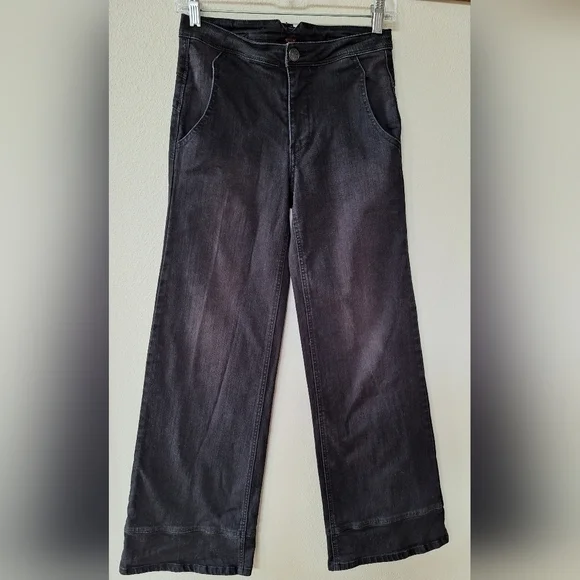 Free People Womens Wide Leg Black Washed Buckle Back Jeans Stretch Size 24