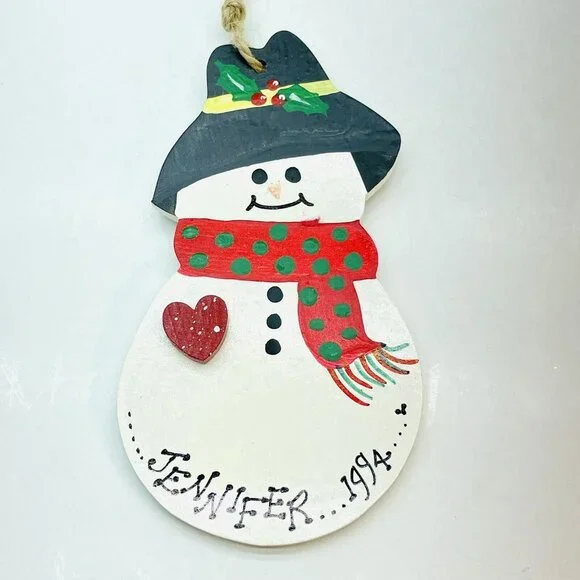 Vintage Christmas Ornament Snowman Scarf  Wood Handmade Hand Painted Dated 1994
