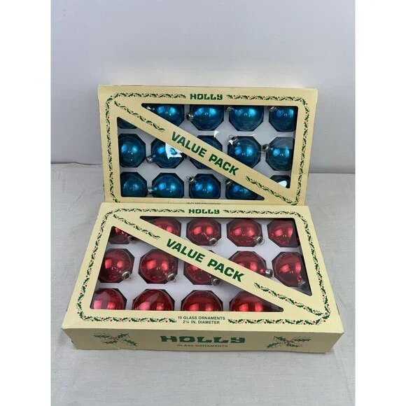 2 Pack VTG Holly Value‎ Pack 15 Glass Ornaments 2.25” Diameter Red Blue USA Made
