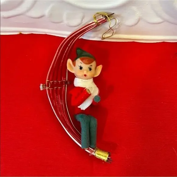 Vintage Rare Felted Pixie Elf  on a Red Hammock Swing Christmas Ornament