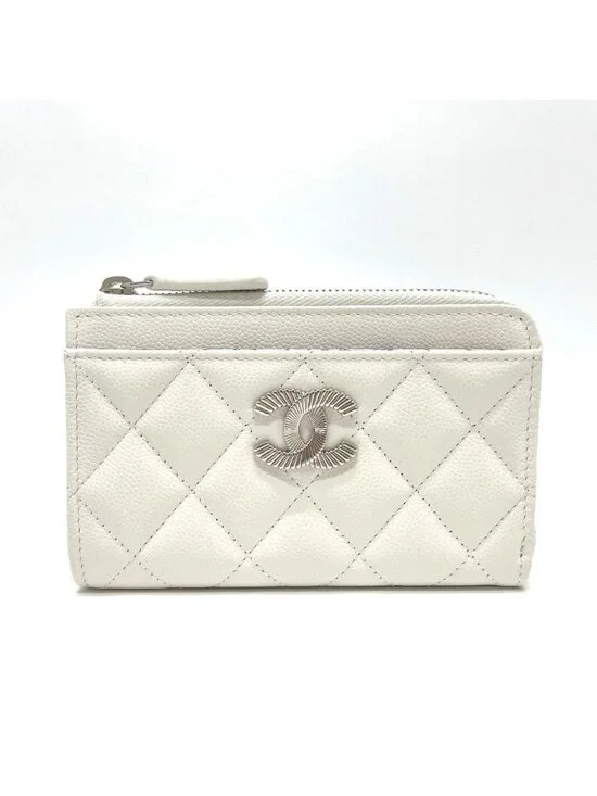 Chanel Coin Case CC Logo Fragment Caviar Leather White