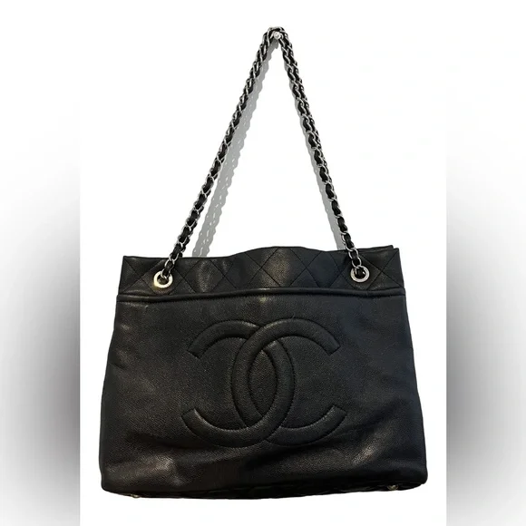 Authentic CHANEL Black Quilted CC Logo Chain Strap Tote
