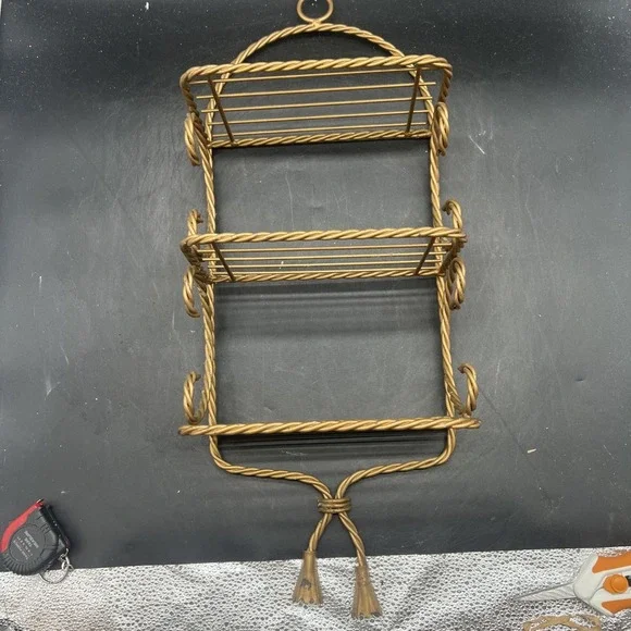 Vintage Hollywood Regency 3 Tier Wall Shelf Twisted Rope Gold Metal Homco