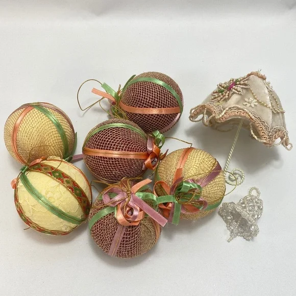 Victorian Ribbon Mesh Christmas Ornaments 6 Balls 1 Umbrella 1 Small Beaded Bell