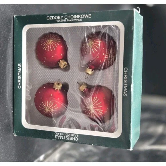 Ozdobie Choinkowe Poland Blown Glass Christmas Ornaments Red With Gold