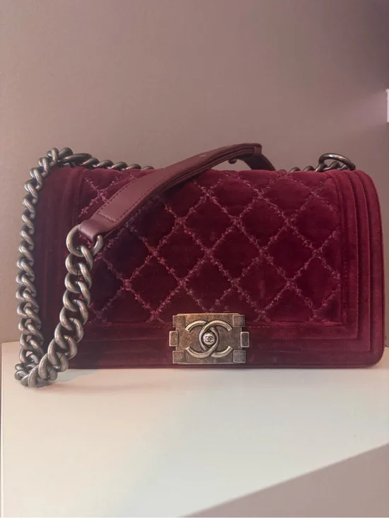 Chanel Velvet Tweed Quilted Medium Boy Flap Burgundy