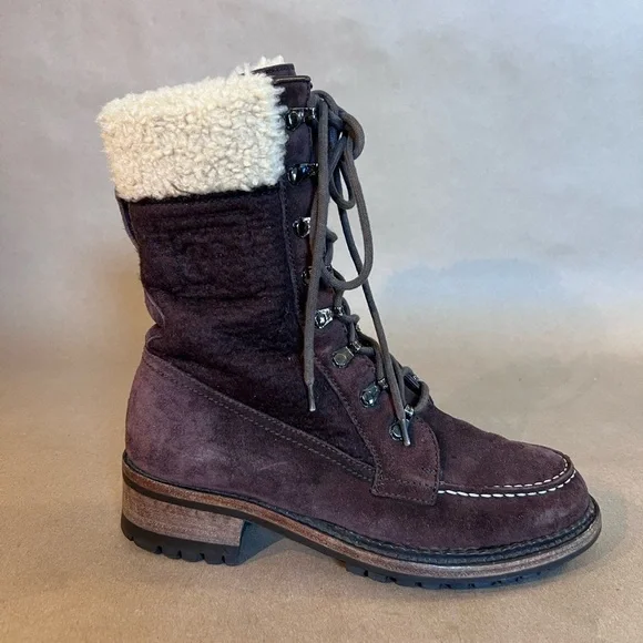 Chanel Brown Suede Leather CC Logo Shearling Combat Lace Boots Size EU 36 US 5.5